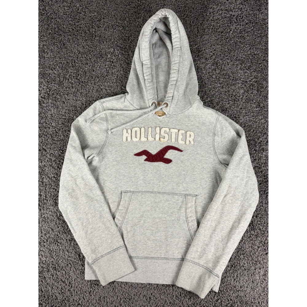 Hollister Mens Y2K Pullover Hoodie Gray Applique Logo Waffle Hood Small
